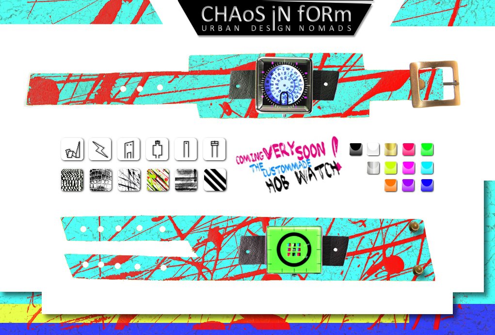 Entwurfs-Board des Watch-Customizers 2011: Lederbänder in Türkis-Splash, sechs Formen, Muster, Farben — „coming very soon“