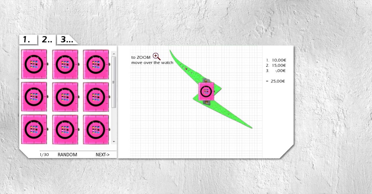 Briefing-Grafik für den Entwickler 2011: 3×3 pinke Zifferblätter „1/30 RANDOM NEXT->“, „to ZOOM move over the watch“, grüne Blitz-Uhr auf Millimeterpapier, Preisliste 10,00 + 15,00 = 25,00 €