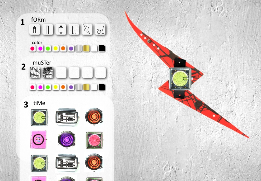 Erster Photoshop-Entwurf des Watch-Customizers 2011: Panel „1 fORm · 2 muSTer · 3 tiMe“, rote Blitz-Uhr mit Splash auf Putzwand
