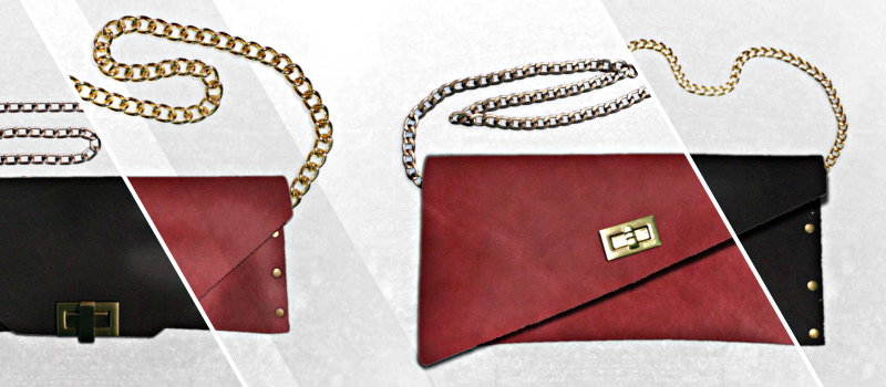 Der zehnte Startseiten-Slider 2013, nie archiviert: zwei Clutches in geöltem Leder, schwarz und rot, mit Gold- und Silberkette