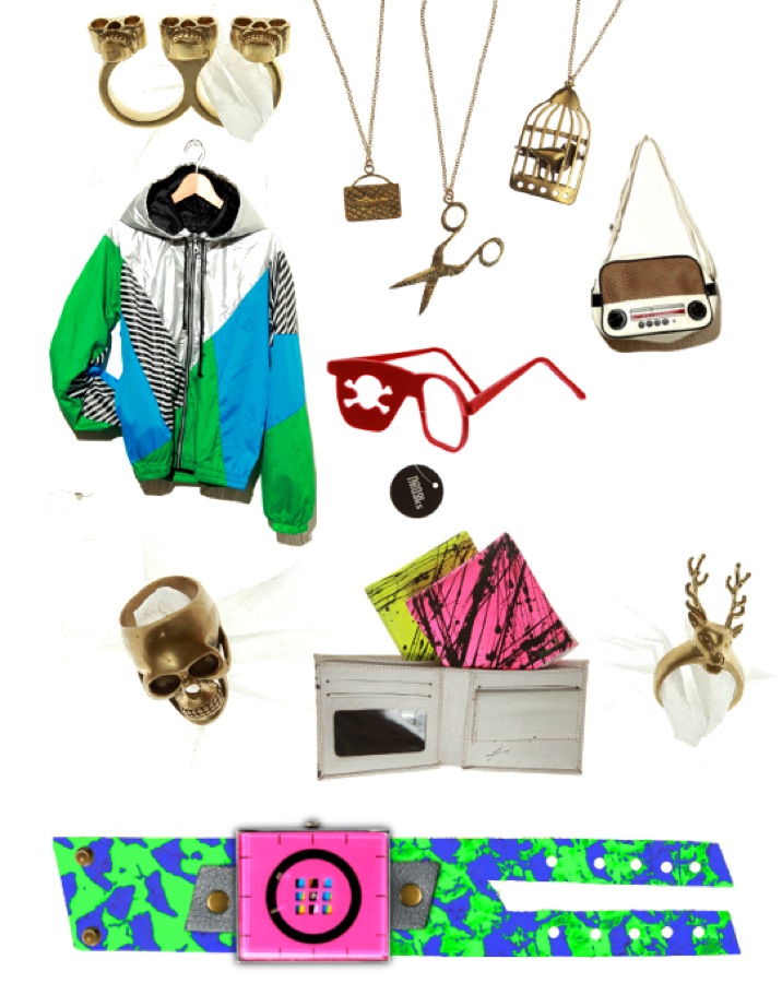 Das Sortiment 2011 auf einem Blatt — Collage der „Coming soon“-Seite: Totenkopf-Ringe, Scheren-Kette, Vogelkäfig, Neon-Regenjacke, rote Piratenbrille, Radio-Tasche, Splash-Wallets, Hirsch-Ring, Splash-Uhr