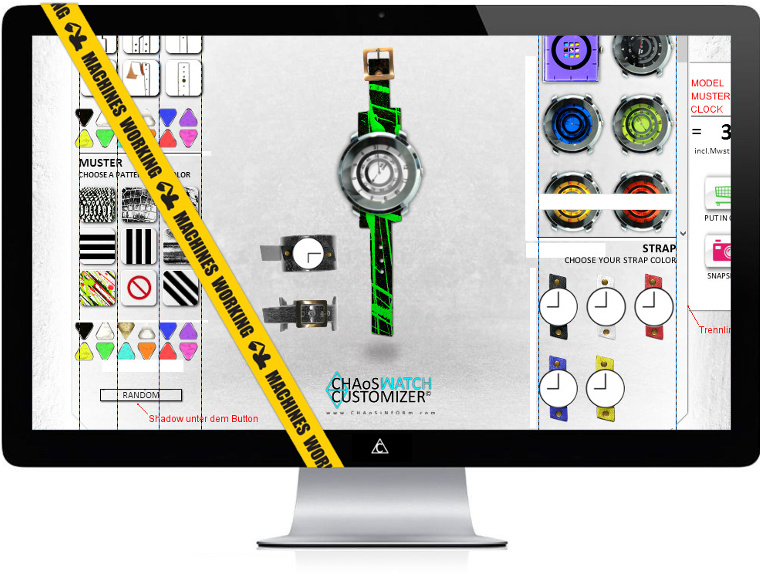 Watch-Customizer v2 hinter dem gelben „Machines working“-Band, mit Strap-Auswahl und Zifferblättern
